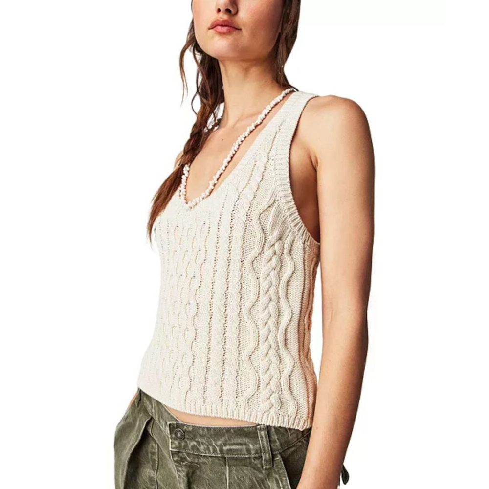 Free People Beige Cable Knit Tank Top S - Picture 1 of 7